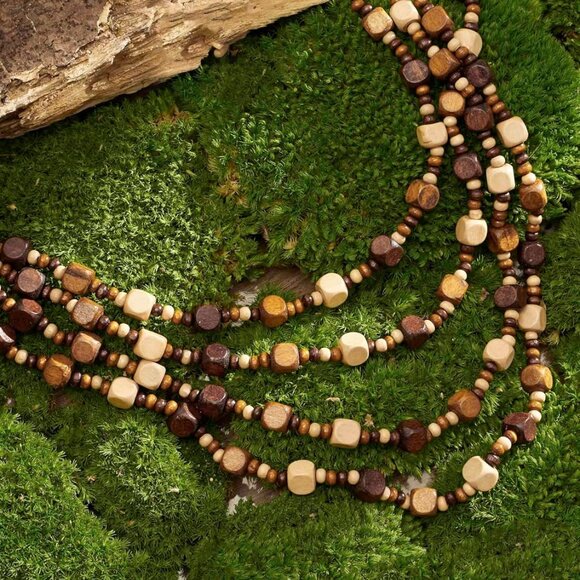 Vintage Wooden Beaded Necklace Multi Layered Unique Shape Women's Jewelry - Picture 6 of 9